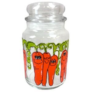 Anchor Hocking Hildi Anthropomorphic Happy Carrots Vintage Glass Canister Jar